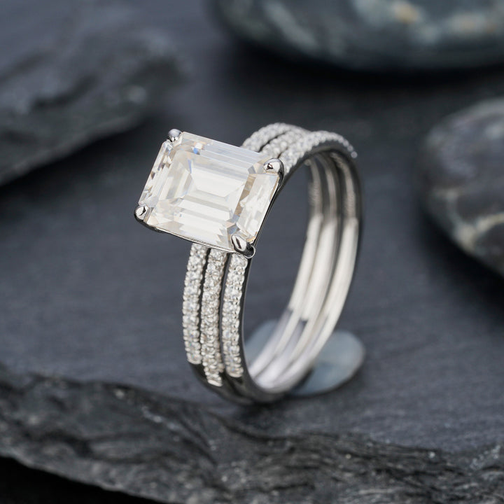 3PCS Moissanite Engagement Ring Set, 3 Carat Emerald Cut Moissanite Bridal Set, 14K 18K White Gold Anniversary Wedding Promise Ring Gift - ShainJewelry