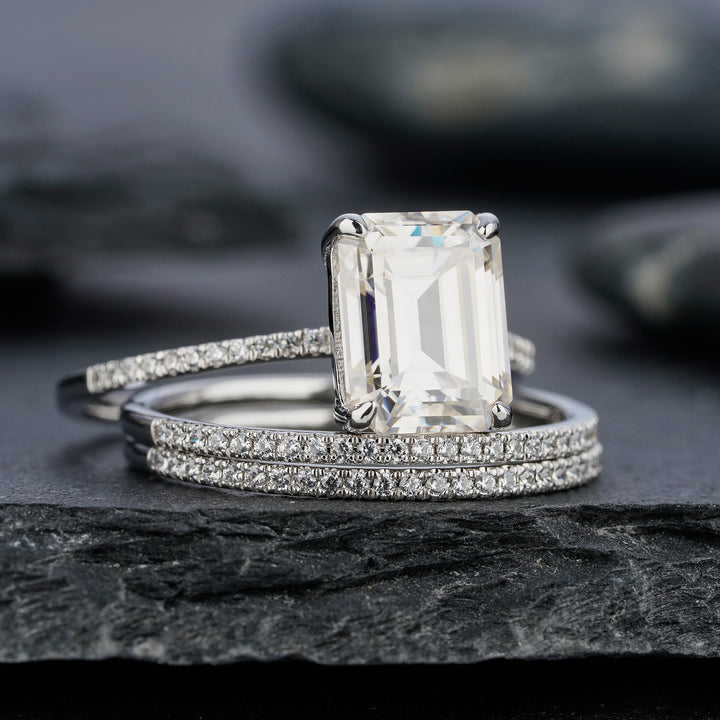 3PCS Moissanite Engagement Ring Set, 3 Carat Emerald Cut Moissanite Bridal Set, 14K 18K White Gold Anniversary Wedding Promise Ring Gift - ShainJewelry