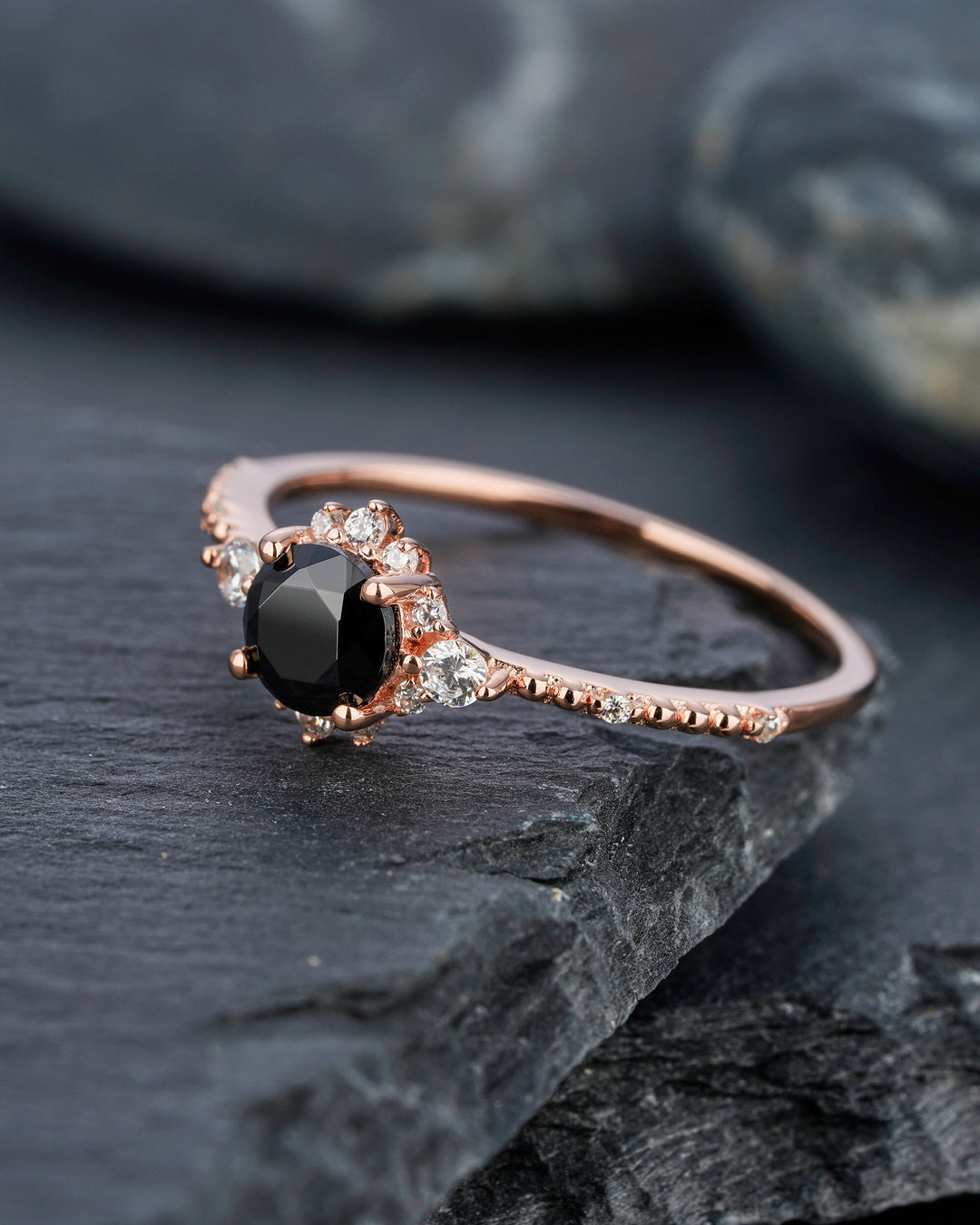 Vintage Natural Black Spinel Engagement Ring, Unique Rose Gold Round Cut Spinel Floral Promise Ring, Milgrain Wedding Ring Gift for Women - ShainJewelry