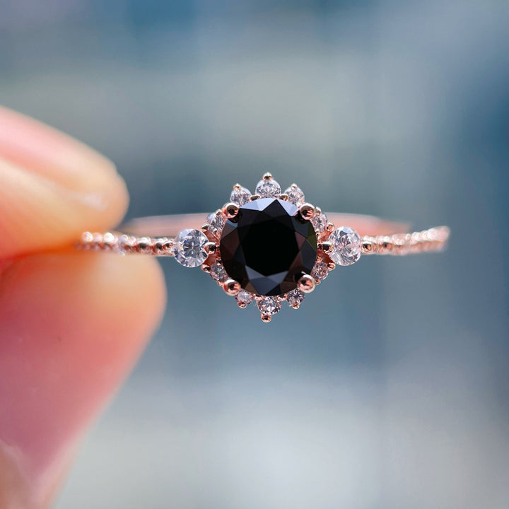 Vintage Natural Black Spinel Engagement Ring, Unique Rose Gold Round Cut Spinel Floral Promise Ring, Milgrain Wedding Ring Gift for Women - ShainJewelry