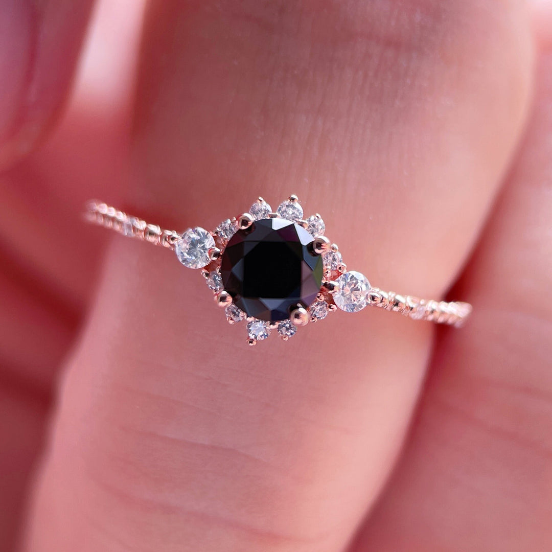 Vintage Natural Black Spinel Engagement Ring, Unique Rose Gold Round Cut Spinel Floral Promise Ring, Milgrain Wedding Ring Gift for Women - ShainJewelry
