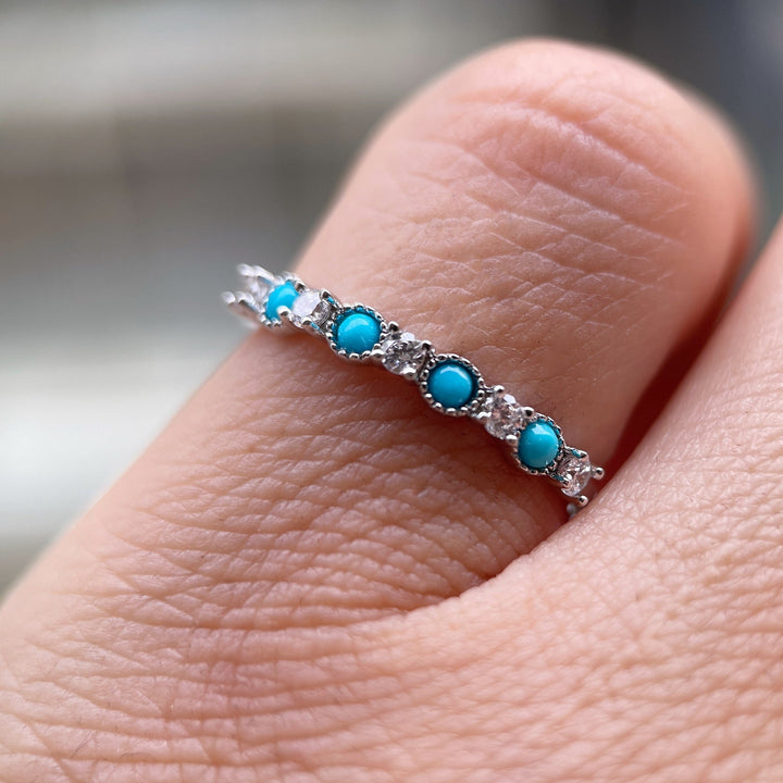 Natural Blue Turquoise Wedding Band, Engagement Promise Stackable Ring, Round Cut White Gold Matching Band, Anniversary Beautiful Ring Gift - ShainJewelry