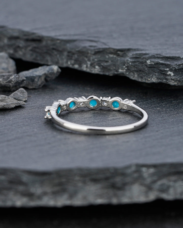Natural Blue Turquoise Wedding Band, Engagement Promise Stackable Ring, Round Cut White Gold Matching Band, Anniversary Beautiful Ring Gift - ShainJewelry