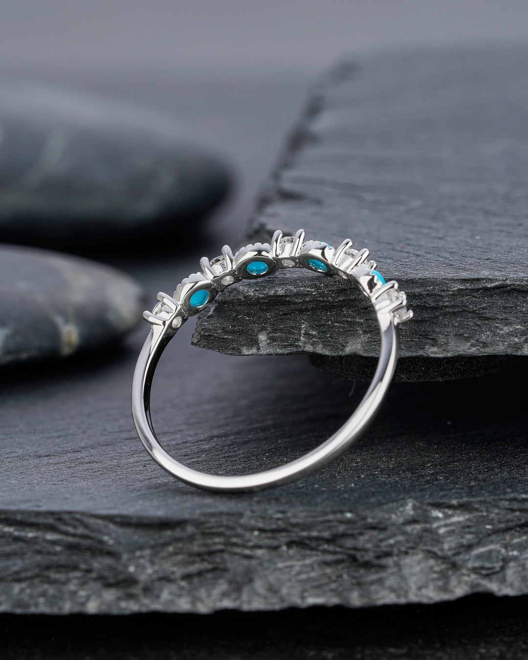 Natural Blue Turquoise Wedding Band, Engagement Promise Stackable Ring, Round Cut White Gold Matching Band, Anniversary Beautiful Ring Gift - ShainJewelry