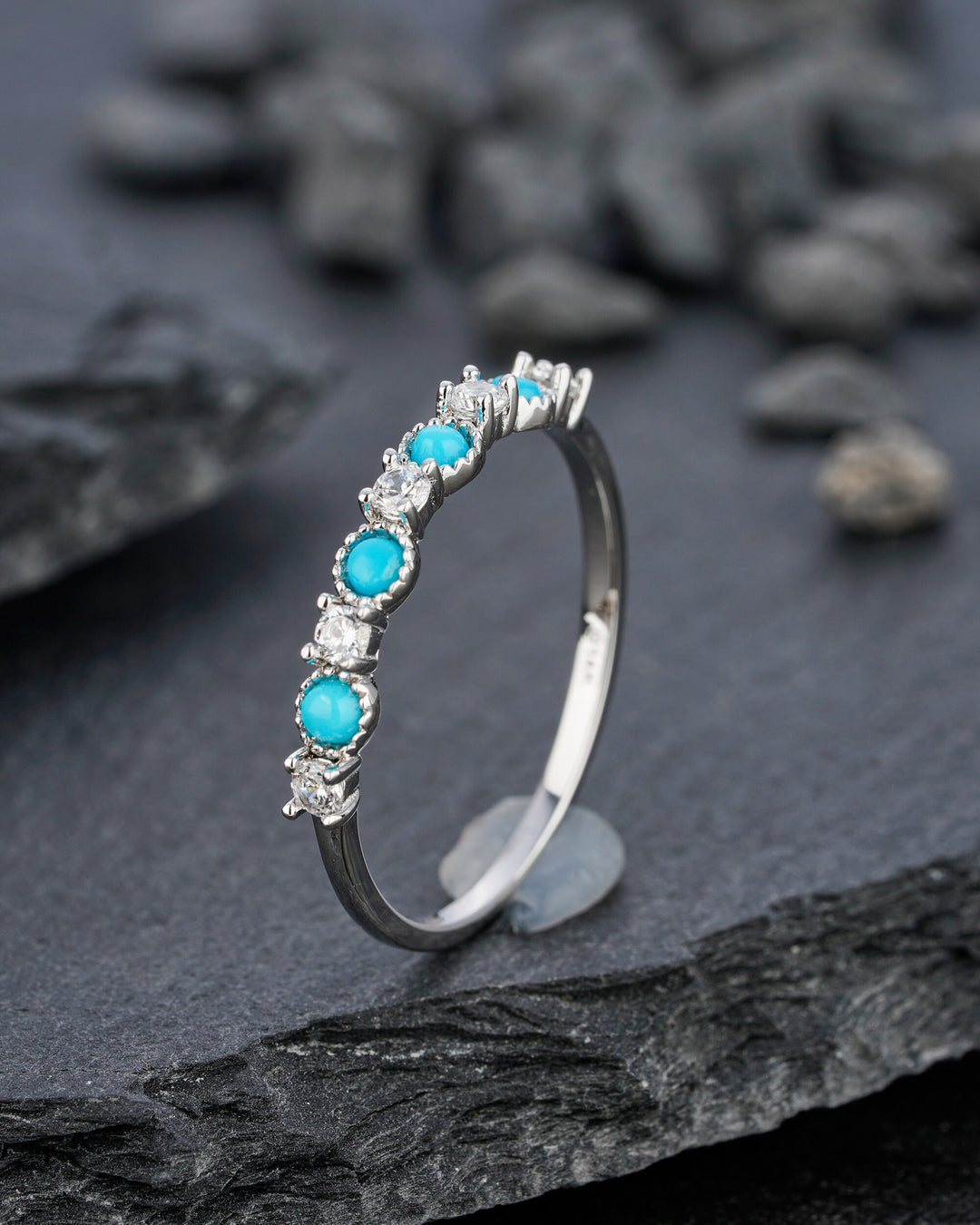Natural Blue Turquoise Wedding Band, Engagement Promise Stackable Ring, Round Cut White Gold Matching Band, Anniversary Beautiful Ring Gift - ShainJewelry