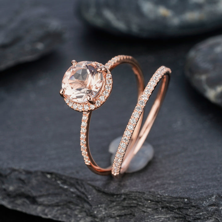 Vintage Natural Peach Morganite Engagement Ring Set, Round Cut Pink Morganite Wedding Bridal Set, Rose Gold Promise Stackable Ring for Women - ShainJewelry
