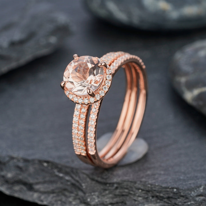 3PCS Natural Pink Morganite Engagement Ring Set, Round Cut Pink Morganite Wedding Bridal Set, 18k Rose Gold Promise Stackable Ring for Women - ShainJewelry