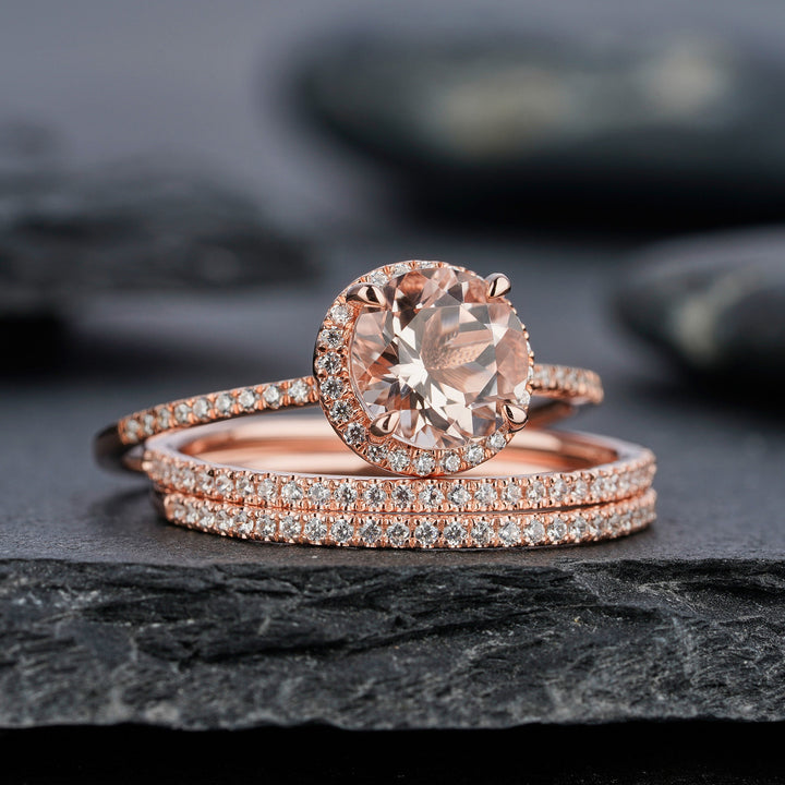 3PCS Natural Pink Morganite Engagement Ring Set, Round Cut Pink Morganite Wedding Bridal Set, 18k Rose Gold Promise Stackable Ring for Women - ShainJewelry