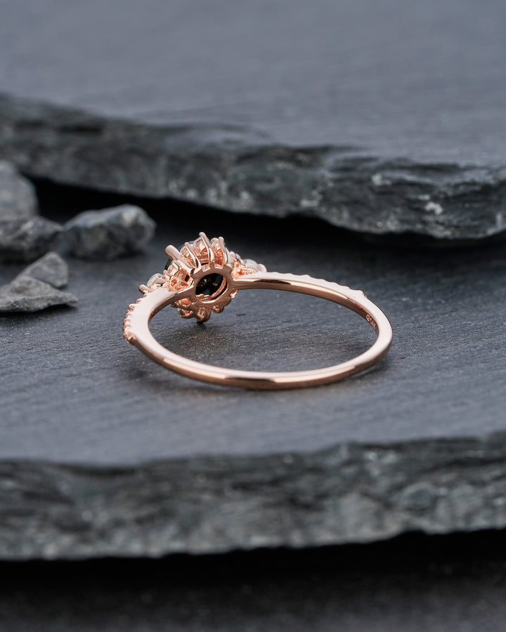 Vintage Natural Black Spinel Engagement Ring, Unique Rose Gold Round Cut Spinel Floral Promise Ring, Milgrain Wedding Ring Gift for Women - ShainJewelry
