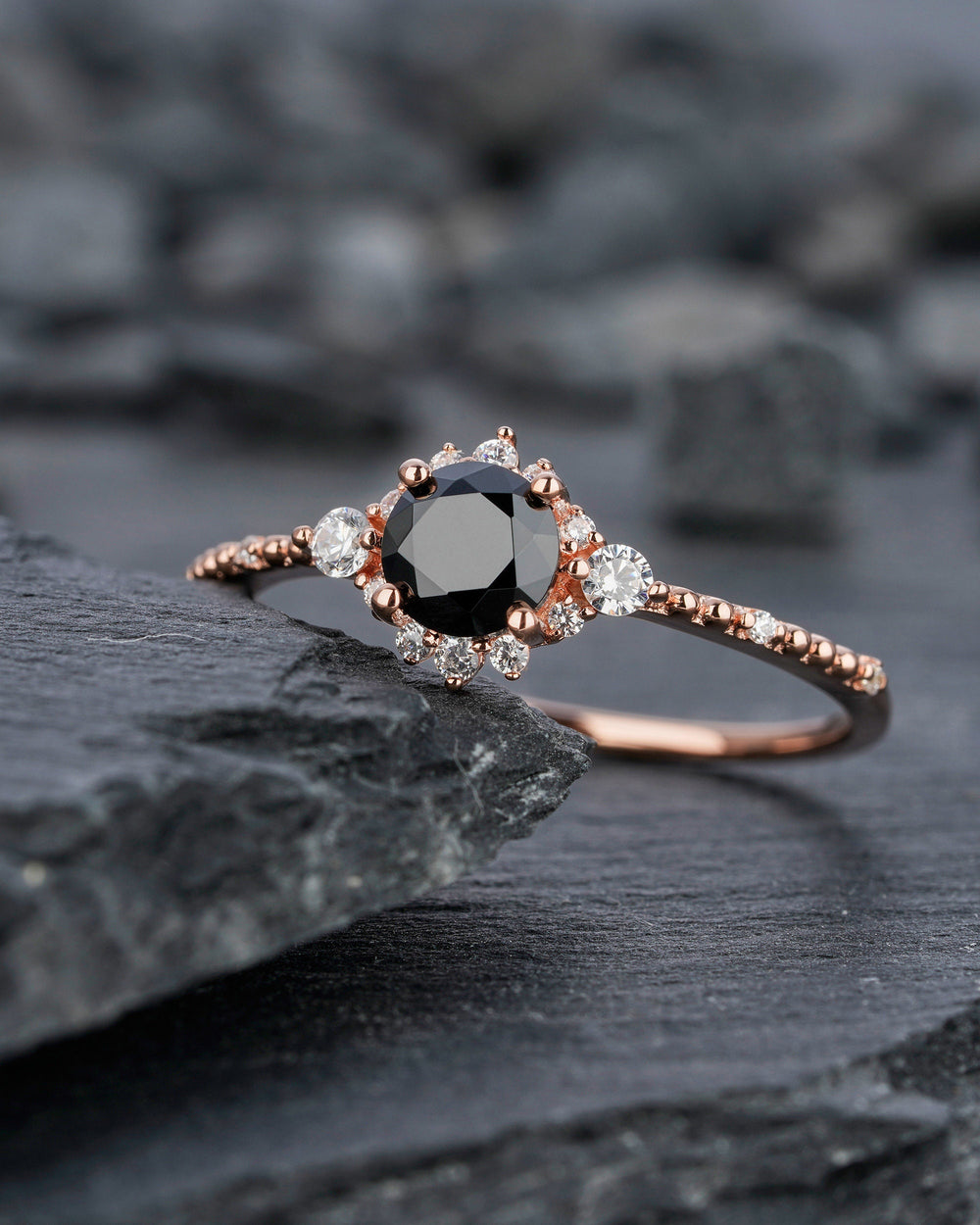 Vintage Natural Black Spinel Engagement Ring, Unique Rose Gold Round Cut Spinel Floral Promise Ring, Milgrain Wedding Ring Gift for Women