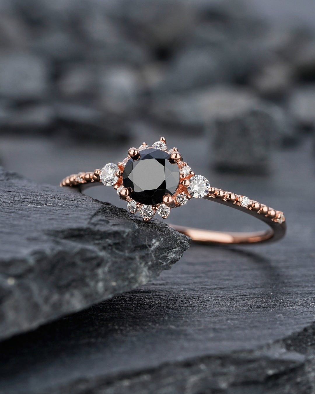 Vintage Natural Black Spinel Engagement Ring, Unique Rose Gold Round Cut Spinel Floral Promise Ring, Milgrain Wedding Ring Gift for Women - ShainJewelry