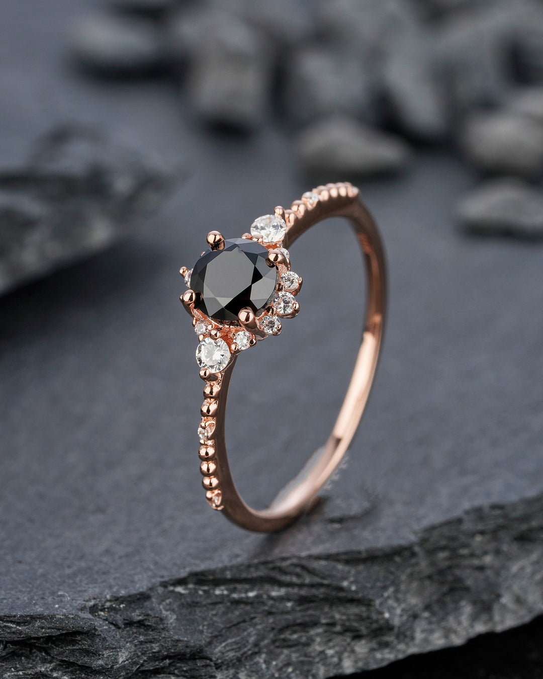 Vintage Natural Black Spinel Engagement Ring, Unique Rose Gold Round Cut Spinel Floral Promise Ring, Milgrain Wedding Ring Gift for Women - ShainJewelry