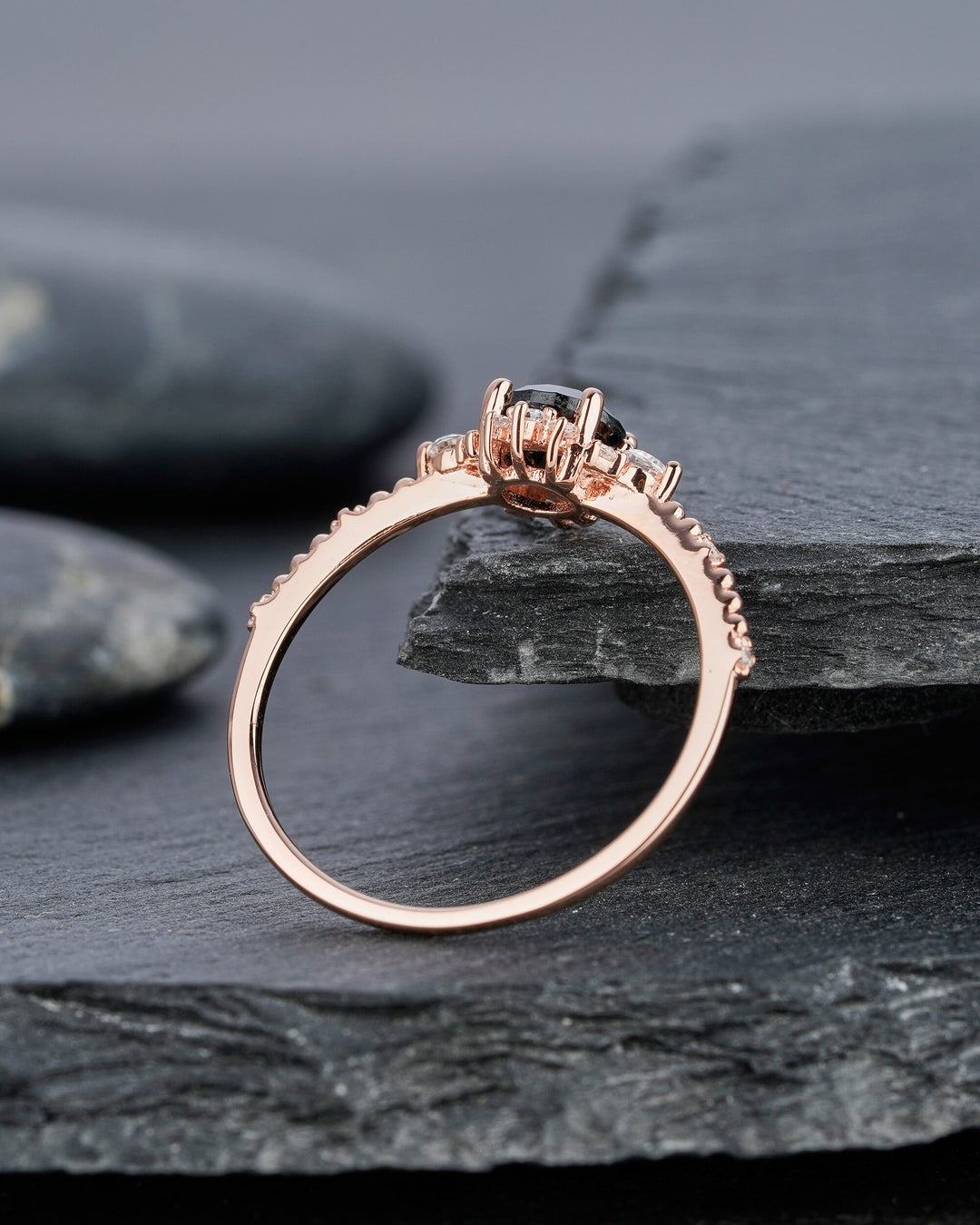Vintage Natural Black Spinel Engagement Ring, Unique Rose Gold Round Cut Spinel Floral Promise Ring, Milgrain Wedding Ring Gift for Women - ShainJewelry