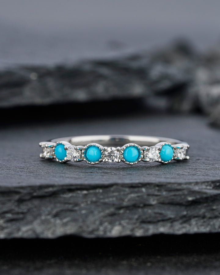 Natural Blue Turquoise Wedding Band, Engagement Promise Stackable Ring, Round Cut White Gold Matching Band, Anniversary Beautiful Ring Gift - ShainJewelry