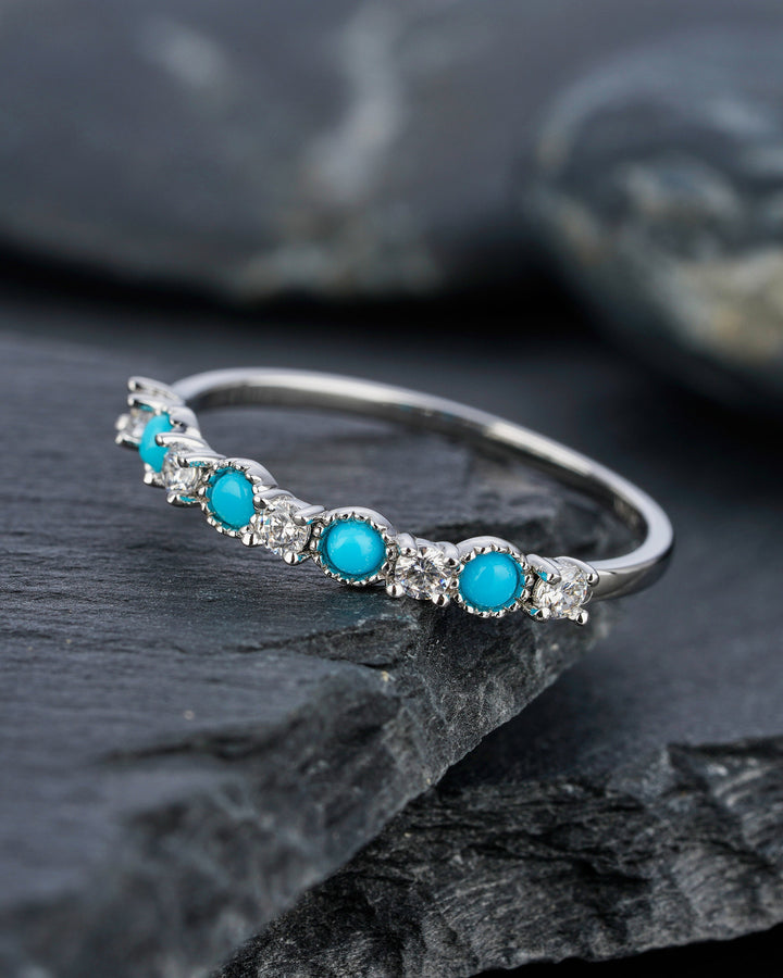 Natural Blue Turquoise Wedding Band, Engagement Promise Stackable Ring, Round Cut White Gold Matching Band, Anniversary Beautiful Ring Gift - ShainJewelry