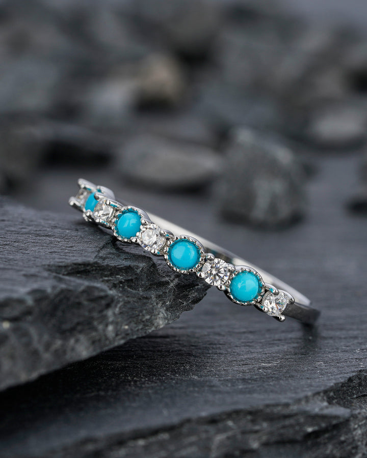 Natural Blue Turquoise Wedding Band, Engagement Promise Stackable Ring, Round Cut White Gold Matching Band, Anniversary Beautiful Ring Gift - ShainJewelry