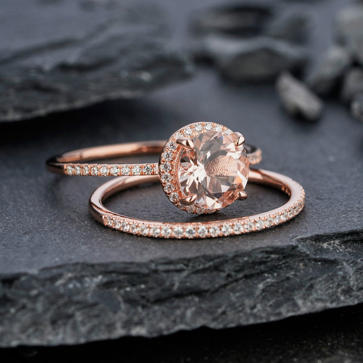 Vintage Natural Peach Morganite Engagement Ring Set, Round Cut Pink Morganite Wedding Bridal Set, Rose Gold Promise Stackable Ring for Women - ShainJewelry