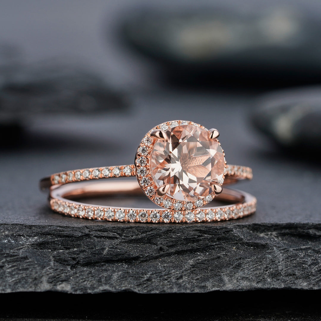 Vintage Natural Peach Morganite Engagement Ring Set, Round Cut Pink Morganite Wedding Bridal Set, Rose Gold Promise Stackable Ring for Women - ShainJewelry