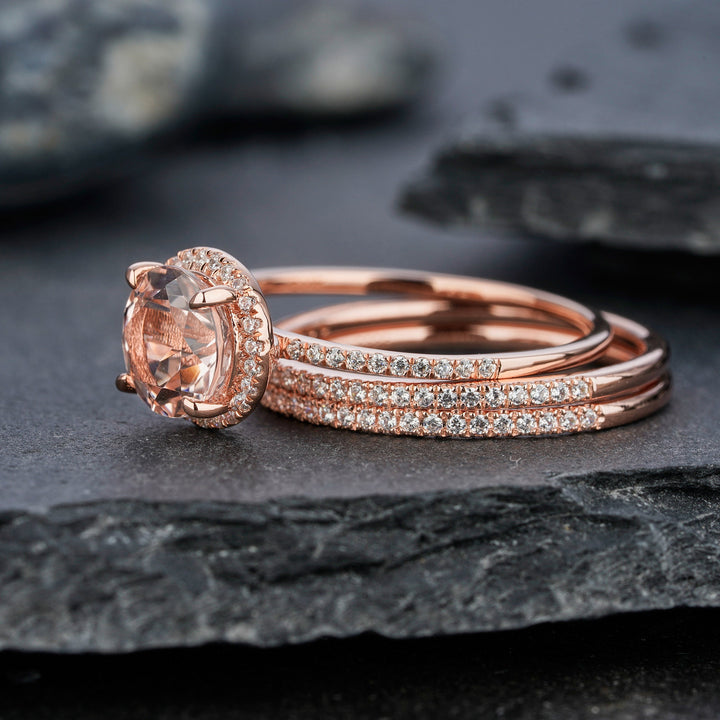 3PCS Natural Pink Morganite Engagement Ring Set, Round Cut Pink Morganite Wedding Bridal Set, 18k Rose Gold Promise Stackable Ring for Women - ShainJewelry