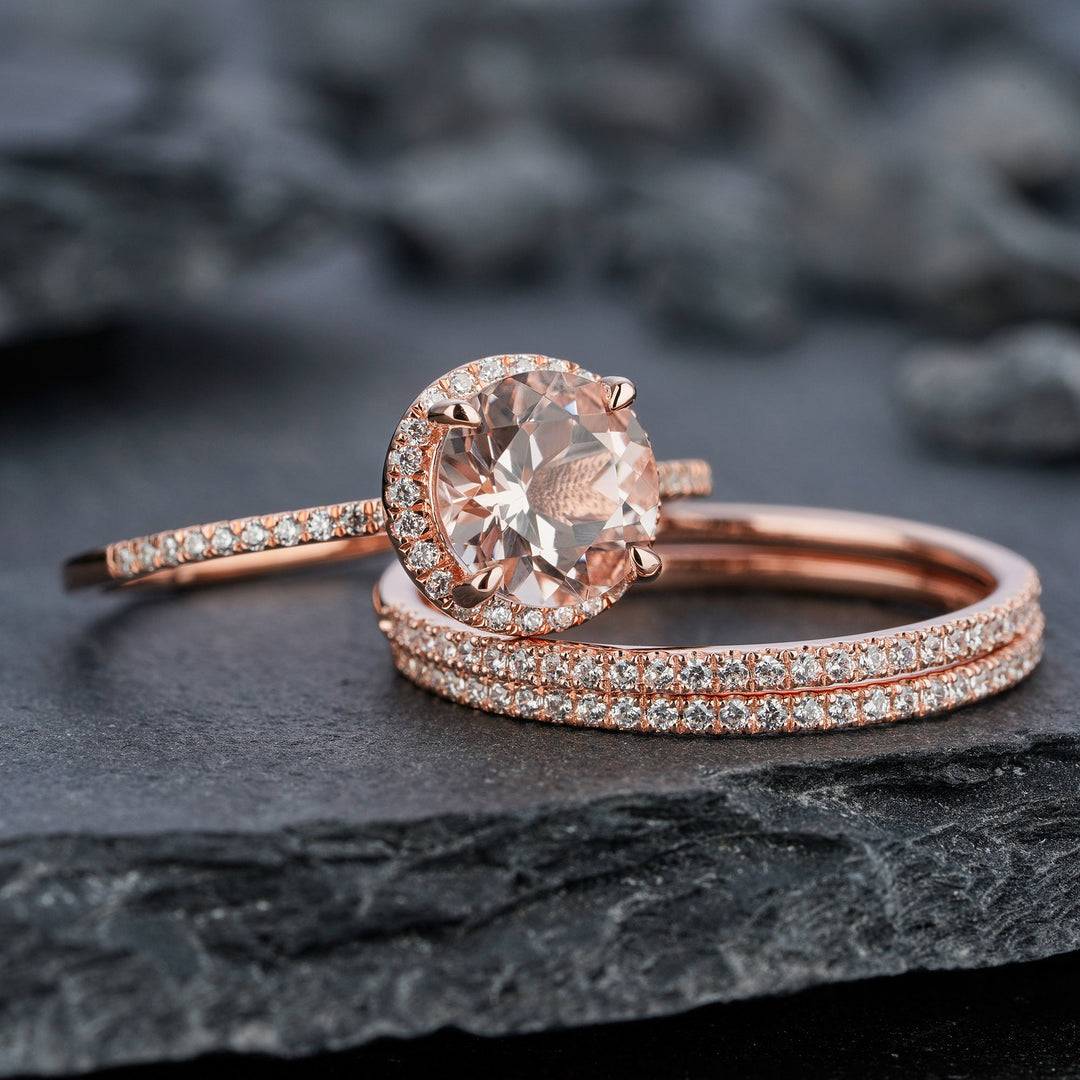 3PCS Natural Pink Morganite Engagement Ring Set, Round Cut Pink Morganite Wedding Bridal Set, 18k Rose Gold Promise Stackable Ring for Women - ShainJewelry