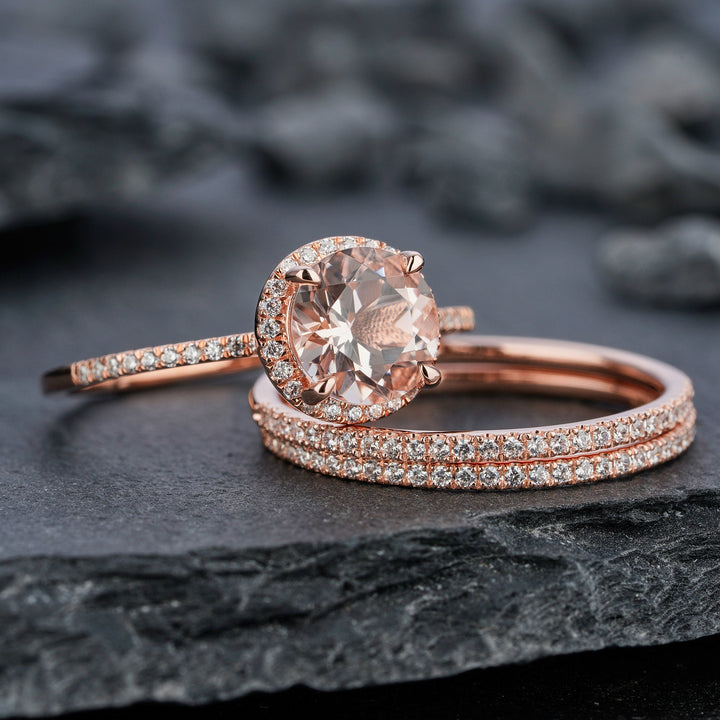 3PCS Natural Pink Morganite Engagement Ring Set, Round Cut Pink Morganite Wedding Bridal Set, 18k Rose Gold Promise Stackable Ring for Women - ShainJewelry