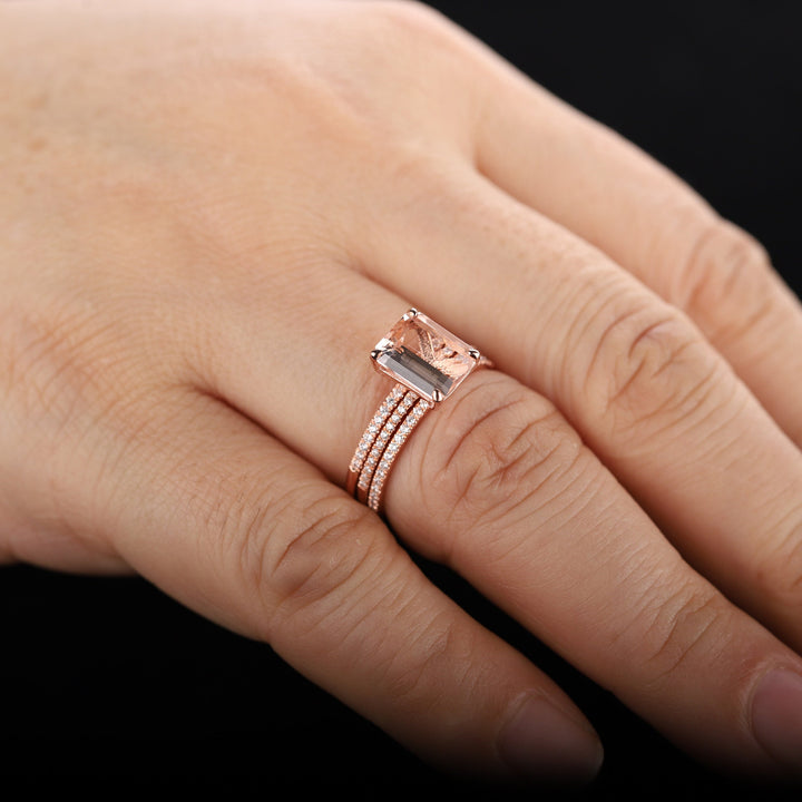 Vintage 3PCS Morganite and Diamond Engagement Ring Set, Unique Emerald Cut Pink Morganite Wedding Set, Rose Gold Bridal Set Promise Rings - ShainJewelry