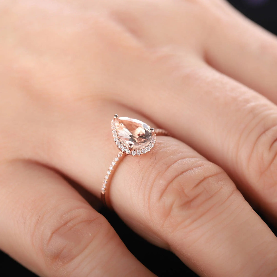 Vintage Pear Cut Peach Morganite Diamond Engagement Ring, Teardrop Pink Morganite Wedding Ring, 14K Rose Gold Morganite Halo Promise Ring, - ShainJewelry