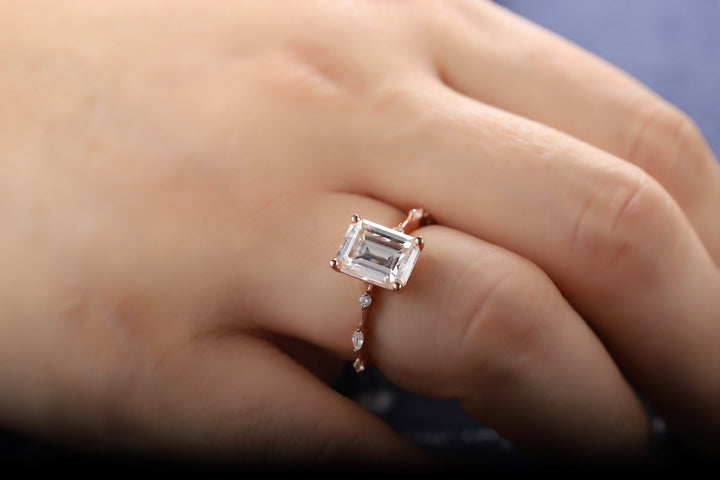 Vintage 3 Carat Emerald Cut Moissanite Engagement Ring, 14k Rose Gold Moissanite Wedding Ring, Moissanite Promise Bridal Ring Gift For Women - ShainJewelry