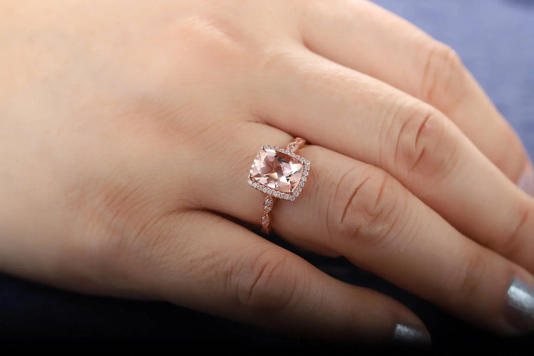 Vintage 2 Carat Peach Morganite Halo Engagement Ring, Cushion Cut Pink Morganite Wedding Ring 14k 18k Rose Gold 2 Carat Promise Ring for her - ShainJewelry
