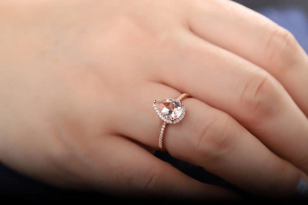 Vintage Pear Cut Peach Morganite Diamond Engagement Ring, Teardrop Pink Morganite Wedding Ring, 14K Rose Gold Morganite Halo Promise Ring, - ShainJewelry