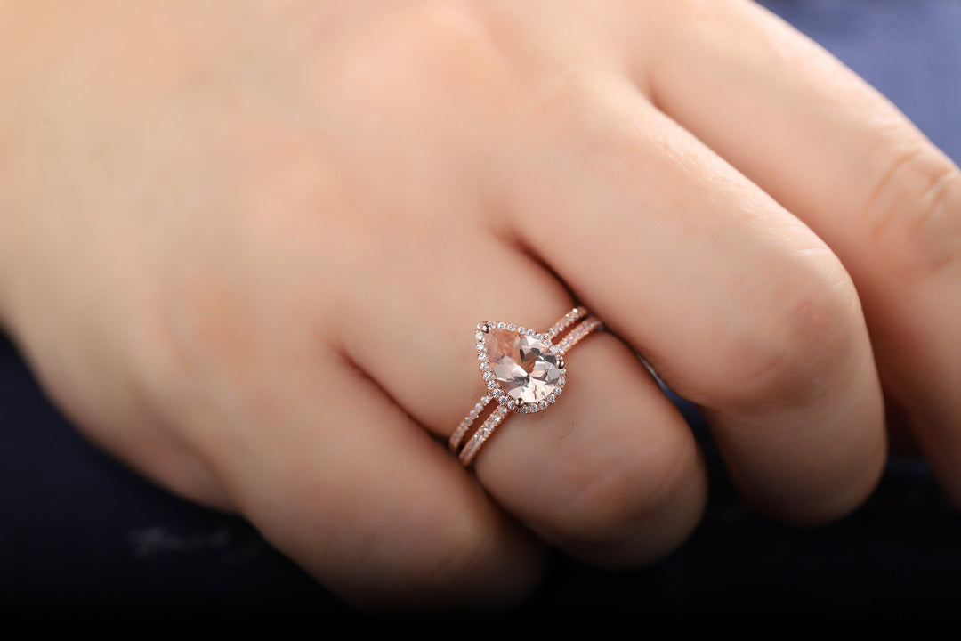Vintage Pear Shaped Peach Morganite Engagement Ring Set Teardrop Pink Morganite Wedding Set 14K Rose Gold Bridal Set Halo Stack Promise Ring - ShainJewelry
