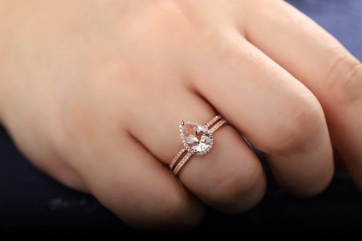 Vintage Pear Shaped Peach Morganite Engagement Ring Set Teardrop Pink Morganite Wedding Set 14K Rose Gold Bridal Set Halo Stack Promise Ring - ShainJewelry