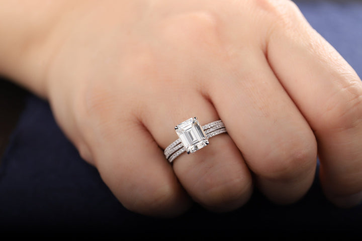 3PCS Moissanite Engagement Ring Set, 3 Carat Emerald Cut Moissanite Bridal Set, 14K 18K White Gold Anniversary Wedding Promise Ring Gift - ShainJewelry