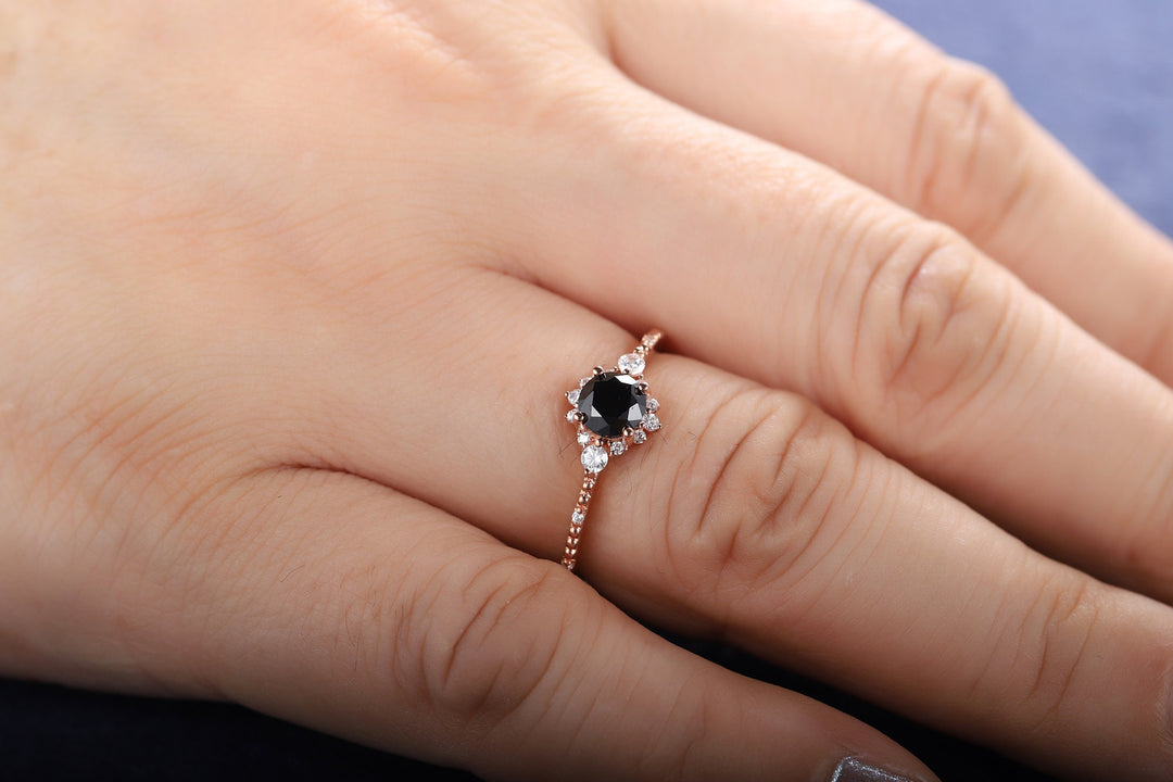 Vintage Natural Black Spinel Engagement Ring, Unique Rose Gold Round Cut Spinel Floral Promise Ring, Milgrain Wedding Ring Gift for Women - ShainJewelry