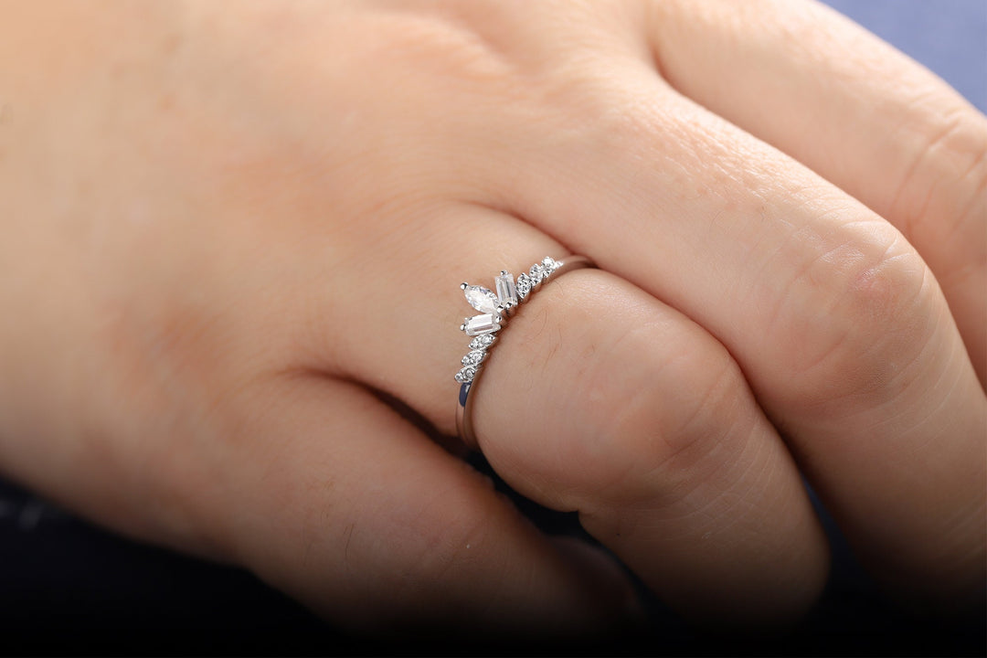 Unique Marquise Moissanite Cluster Wedding Band Baguette Cut Engagement Promise Matching Band Stackable White Gold Anniversary Ring Enhancer - ShainJewelry