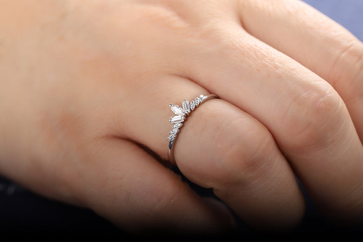 Unique Marquise Moissanite Cluster Wedding Band Baguette Cut Engagement Promise Matching Band Stackable White Gold Anniversary Ring Enhancer - ShainJewelry