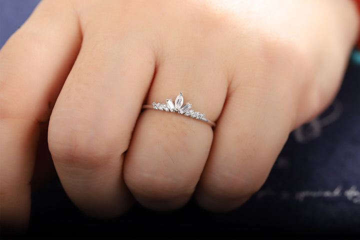 Unique Marquise Moissanite Cluster Wedding Band Baguette Cut Engagement Promise Matching Band Stackable White Gold Anniversary Ring Enhancer - ShainJewelry