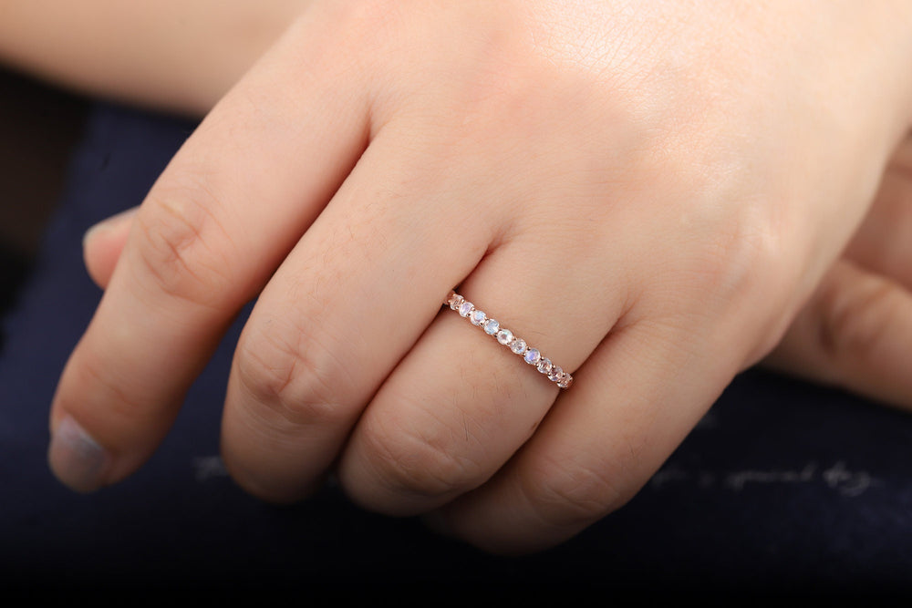 Moonstone Wedding Band, Half Eternity Moonstone Matching Band, Vintage 14K Rose Gold Moonstone Nesting Band Anniversary Ring for Women - ShainJewelry