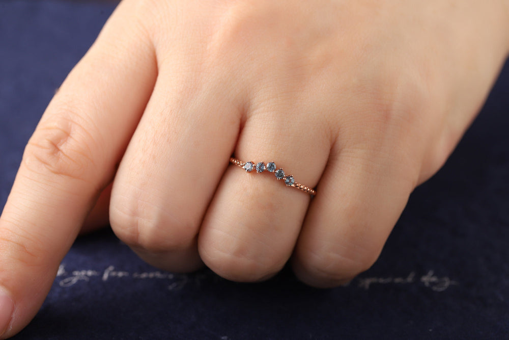 Dainty Milgrain V Shape Alexandrite Wedding Band, Stackable Curved Band, Engagement Anniversary Promise Ring Vintage Rose Gold Matching Band - ShainJewelry