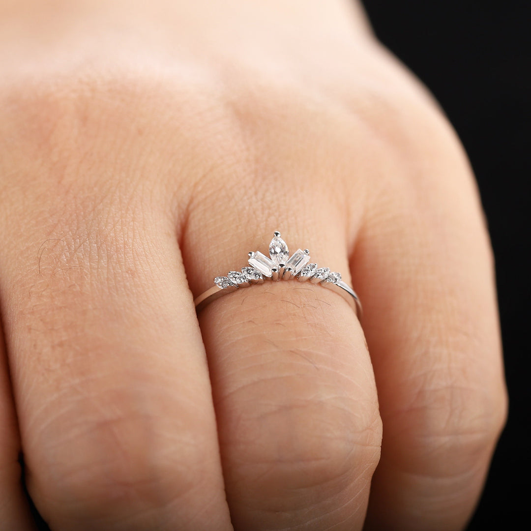 Unique Marquise Moissanite Cluster Wedding Band Baguette Cut Engagement Promise Matching Band Stackable White Gold Anniversary Ring Enhancer - ShainJewelry