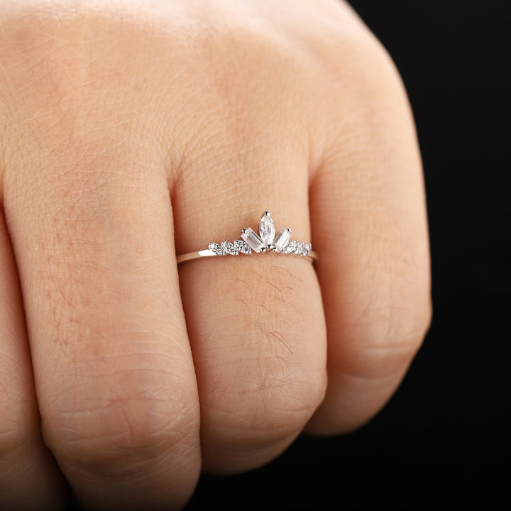 Unique Marquise Moissanite Cluster Wedding Band Baguette Cut Engagement Promise Matching Band Stackable White Gold Anniversary Ring Enhancer - ShainJewelry