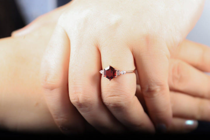 Hexagon Red Garnet Engagement Ring, Vintage Garnet and Diamond Ring 14K Rose Gold Garnet Ring,Dainty Garnet Anniversary Promise Ring for Her - ShainJewelry