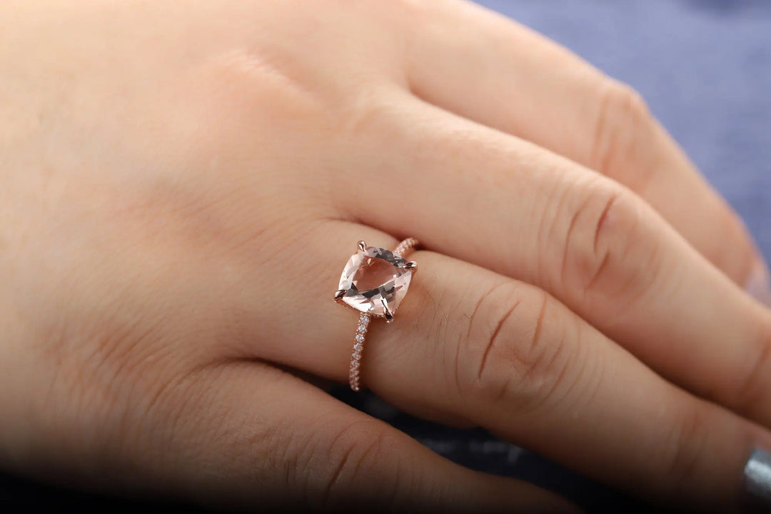 Vintage Pink Morganite and Diamond Engagement Ring, Cushion Morganite Wedding Ring, 14k Rose Gold Hidden Halo Morganite Promise Ring for her - ShainJewelry