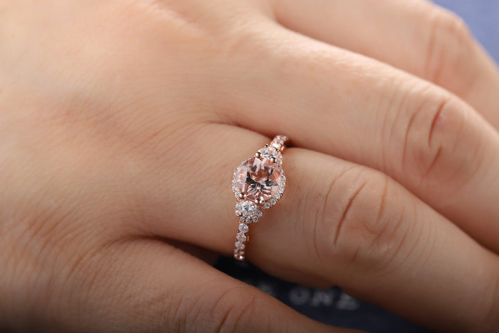 Natural Pink Morganite Engagement Ring, Round Shape Morganite Halo Wedding Ring, Vintage Rose Gold Morganite Promise Ring Gift for Women - ShainJewelry