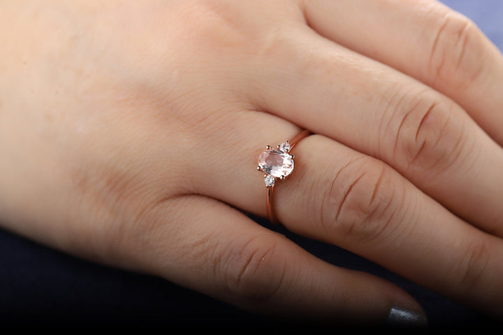Rose Gold Morganite Engagement Ring, Pink Morganite Wedding Ring, Oval Cut Peach Morganite Promise Ring, Sterling Sliver Morganite Ring Gift - ShainJewelry