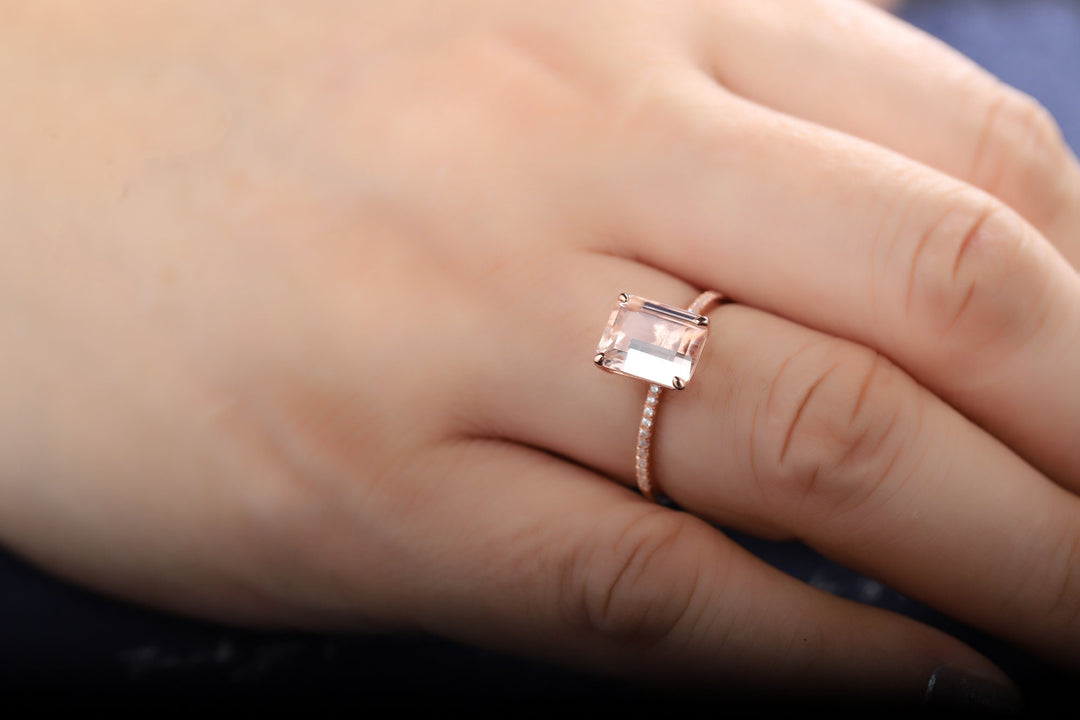 Vintage Peach Morganite Engagement Ring, 2 Ct Emerald Cut Pink Morganite Wedding Ring, 14K Rose Gold Anniversary Promise Ring Gift for Women - ShainJewelry