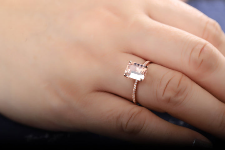Vintage Peach Morganite Engagement Ring, 2 Ct Emerald Cut Pink Morganite Wedding Ring, 14K Rose Gold Anniversary Promise Ring Gift for Women - ShainJewelry