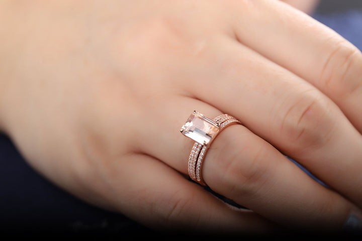 Vintage 3PCS Morganite and Diamond Engagement Ring Set, Unique Emerald Cut Pink Morganite Wedding Set, Rose Gold Bridal Set Promise Rings - ShainJewelry