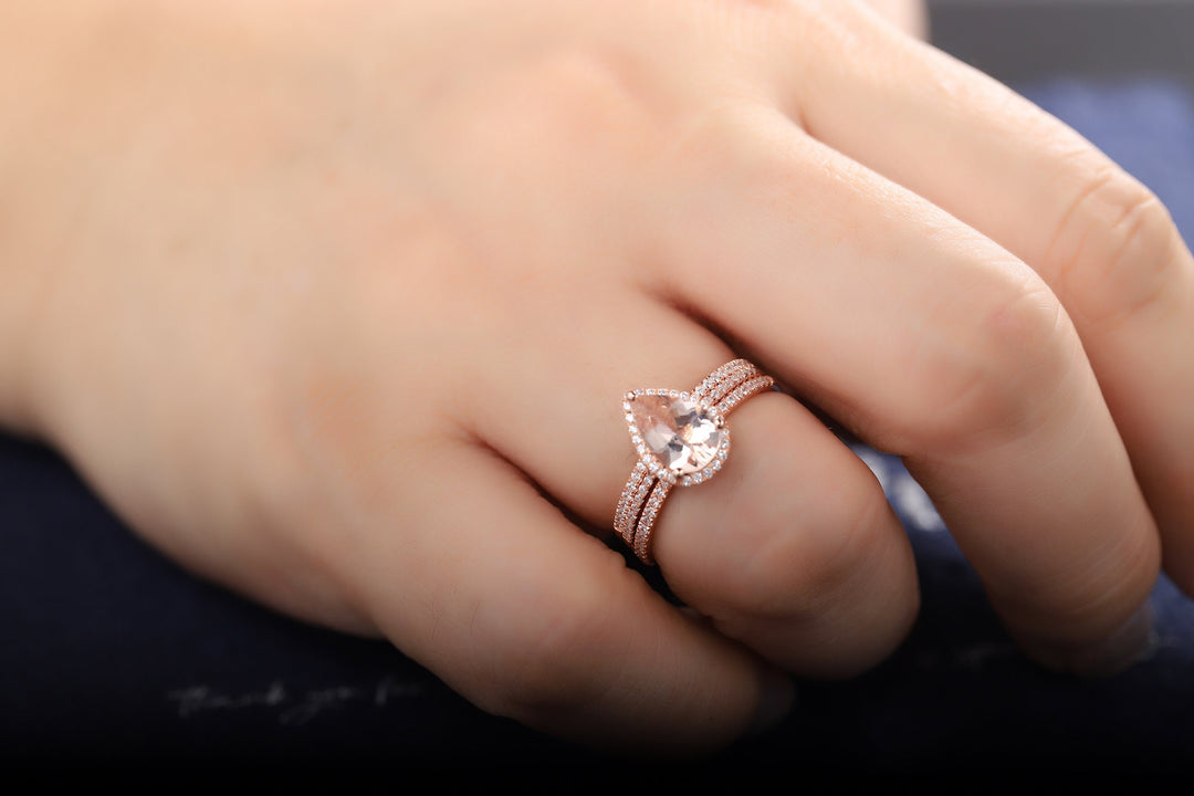 Vintage Pear Shaped Peach Morganite Engagement Ring Set Teardrop Pink Morganite Wedding Set 14K Rose Gold Bridal Set Halo Stack Promise Ring - ShainJewelry