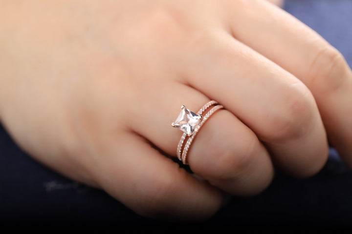 Unique Natural Peach Morganite Bridal Set Princess Cut Pink Morganite Wedding Set Rose Gold Stackable Anniversary Engagement Promise Rings - ShainJewelry